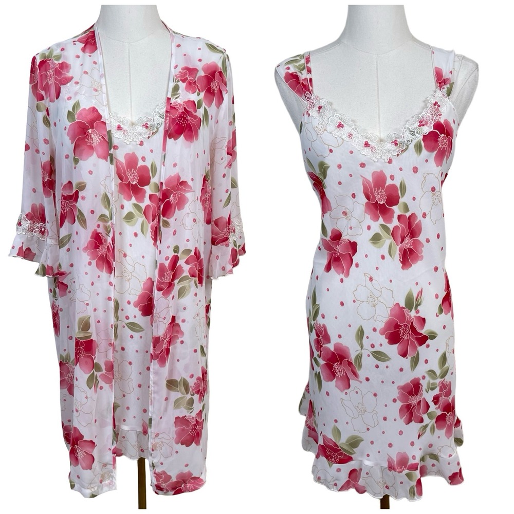 California Dynasty Sheer Nightgown Robe Women M White Pink Lace Trim Lingerie